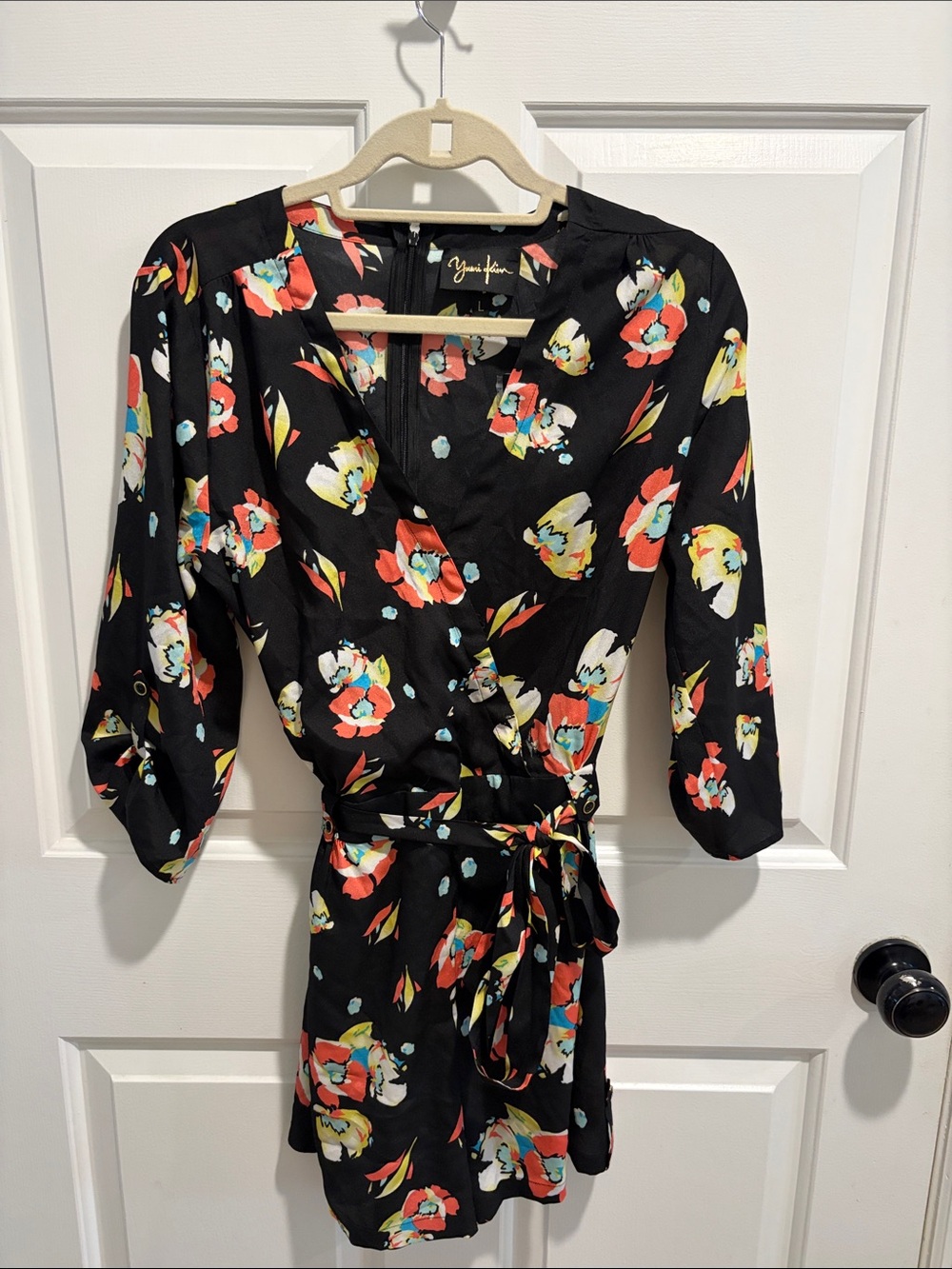 Yumi Kim Black Floral Wrap Romper with Tie